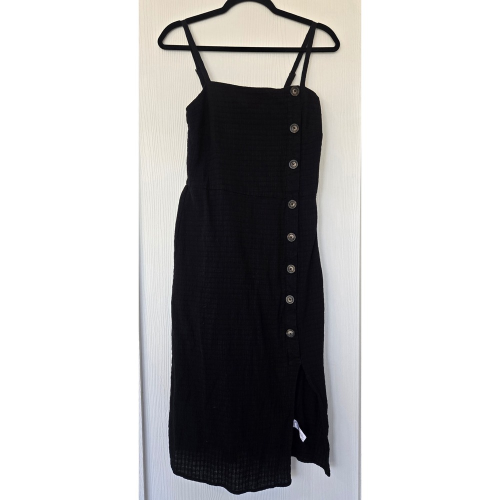 Black 100% Cotton Button Front Midi Dress Size M Vacation Eurotrip Travel Boho
